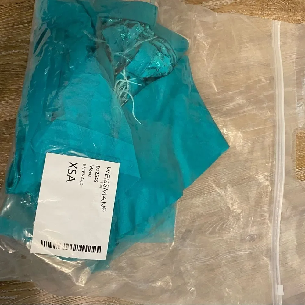 WEISSMAN Dance Costume sassy aqua blue feather Move D12545 XSA-extra small adult
